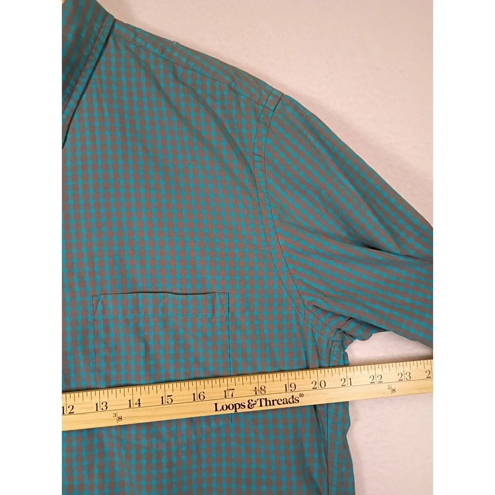 Preppy J.Crew Mens Large Teal Micro-Check Slim Fit Cotton Button Down Shirt
